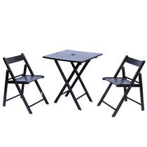 Conjunto Mesa Classic Furo Guarda Sol + 2 Cadeiras Madeira Sombra Tampo Liso Preto