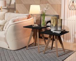 Conjunto Mesa Classic Lateral Quadrado Pés de Eucalipto Maciço Preto Móveis Decor