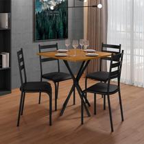 Conjunto Mesa com 4 Cadeiras Aço e MDF Tampo Quadrado Preto e Cedro Diamante Conjunto Mesa com 4 Cadeiras Aço e MDF Tampo Quadrado Preto e Cedro Diamante