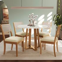 Conjunto Mesa com 4 Cadeiras Madeira Maciça Tampo em MDF e Vidro Temperado Elma Bege/Off White