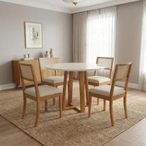 Conjunto Mesa com 4 Cadeiras para Sala de Jantar em Madeira Maciça e Tampo com Vidro Elma Off White/Bege