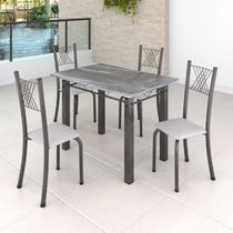 Conjunto Mesa com 4 Cadeiras Tampo de Granito Topázio Sara Yescasa Prata/Branco Liso/Martelado Conjunto Mesa com 4 Cadeiras Tampo de Granito Topázio Sara Yescasa Prata/Branco Liso/Martelado