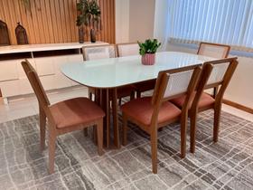 Conjunto Mesa com 6 Cadeiras de Jantar Encosto Tela 100% MDF Off White Veronese Dalla Costa