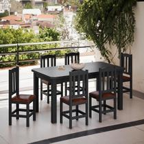 Conjunto Mesa Com 6 Cadeiras Em Madeira Maciça Estofadas Em material sintético Marrom 160cm Preto Stone Shop Jm