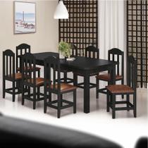 Conjunto Mesa Com 8 Cadeiras Madeira Maciça Estofado material sintético Marrom 200cm Preto Amelia Shop Jm