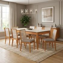 Conjunto Mesa com 8 Cadeiras Madeira Maciça Tampo em MDF e Vidro Temperado Mira Branco/Nature/Off White/Fendi