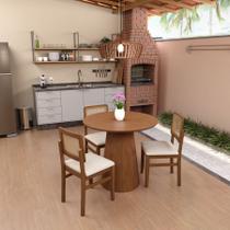 Conjunto Mesa Cone Laminada Ø90cm + 3 Cadeiras Lyon Telinha Amêndoa - Amêndoa Assento Estofado Linho Bege