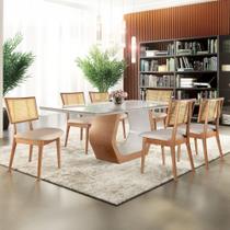 Conjunto Mesa Cristal 1800x900cm com 6 cadeiras Madeira Maciça com Rattan Natural e Estofada Livia - CAPRI MOVELARIA