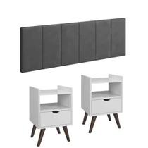 Conjunto Mesa de Cabeceira Alice Quarto Casal e Cabeceira de Cama 1,40 cm branco/cinza - GK MOVEIS