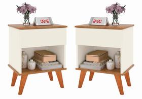 Conjunto Mesa de Cabeceira Duda com 1 gaveta nicho decorativo pés em madeira maciça - Várias Cores