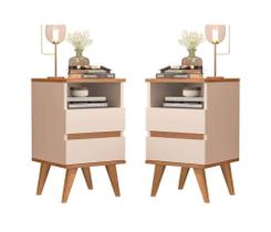 Conjunto Mesa de Cabeceira POP Kit com 2 Unidades, 2 Gavetas, Off White Cedro Pés Palito