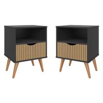 Conjunto Mesa de Cabeceira Ripado Moderno e Elegante Pés em Madeira