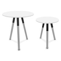 Conjunto Mesa de Canto Lateral Dupla Houston Redonda Tripé Prata e Branco Conjunto Mesa de Canto Lateral Dupla Houston Redonda Tripé Prata e Branco