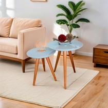 Conjunto Mesa De Canto Lateral Pé Palito Off White com Vidro 40/50 cm Diâmetro 50/60 cm Altura