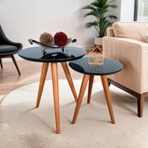Conjunto Mesa De Canto Lateral Pé Palito Preta com Vidro 50/40 cm Diâmetro 60/50 cm Altura