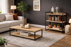 Conjunto Mesa de Centro com Estante Industrial Sala Aparador Estante Decorativa Madeira e Metalon