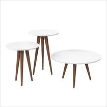 Conjunto Mesa de Centro/Lateral/Apoio Decorativa Slim Branco Redonda Pés Palito - Patrimar Móveis