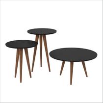 Conjunto Mesa de Centro/Lateral/Apoio Decorativa Slim Preto Acetinado Redonda Pés Palito - Patrimar Móveis