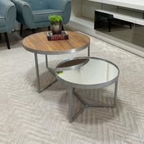 Conjunto Mesa de Centro Redonda Dallas Amadeirado com Espelho