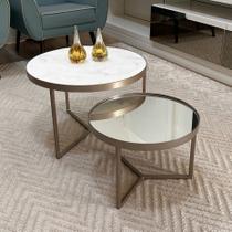 Conjunto Mesa de Centro Redonda Dallas Marmo Branco com Espelho