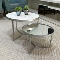 Conjunto Mesa de Centro Redonda Dallas Marmo Branco com Espelho