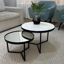 Conjunto Mesa de Centro Redonda Dallas Marmo Branco com Espelho Conjunto Mesa de Centro Redonda Dallas Marmo Branco com Espelho