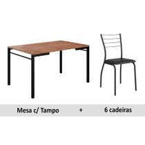 Conjunto: Mesa de Cozinha 1526 c/ Tampo Madeirado 136cm + 6 Cadeiras 1700 Preto/Courano Preto - Carraro