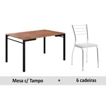 Conjunto: Mesa de Cozinha 1526 Tampo Madeirado 136cm Canto Reto + 6 Cadeiras 1700 Preto/Cromado/Branco - Carraro