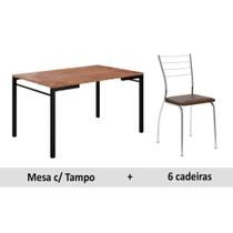 Conjunto: Mesa de Cozinha 1526 Tampo Madeirado 136cm Canto Reto + 6 Cadeiras 1700 Preto/Cromado/Cacau - Carraro