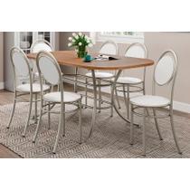 Conjunto: Mesa de Cozinha 1547 Aço c/ Tampo Madeirado 160x90cm e 6 Cadeiras 190 Prata/Freijó -Prata/Branco - Carraro