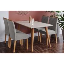 Conjunto: Mesa de Cozinha Adele Madeira Maciça c/ Tampo Madeirado c/ Vidro 130x80cm e 4 Cadeiras Fernanda Madeira/Off White - Linho Grafite - Cimol Conjunto: Mesa de Cozinha Adele Madeira Maciça c/ Tampo Madeirado c/ Vidro 130x80cm e 4 Cadeiras Fernanda Madeira/Off White - Linho Grafite - Cimol
