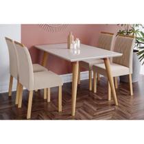 Conjunto: Mesa de Cozinha Adele Madeira Maciça Tampo Madeirado c/ Vidro 130x80cm e 4 Cadeiras Juliana Madeirado/Suede Nude Bege - Cimol