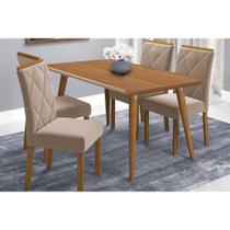 Conjunto: Mesa de Cozinha Adele Tampo Madeirado 130x80cm e 4 Cadeiras Fernanda Carvalho/Cinamomo - Linho Bege - Cimol