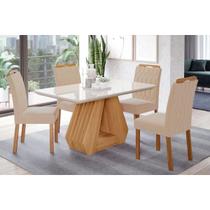 Conjunto: Mesa de Cozinha Ágata c/ Tampo Madeirado c/ Vidro 130x80cm + 4 Cadeiras Paola Wood Cinamomo/Off White - Nature/Suede Nude Bege - Cimol