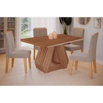 Conjunto: Mesa de Cozinha Ágata Tampo Madeirado 130x80cm e 4 Cadeiras Clarice Cinamomo/Off White - Carvalho/Suede Nude Bege - Cimol
