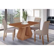 Conjunto: Mesa de Cozinha Ágata Tampo Madeirado 130x80cm e 4 Cadeiras Fernanda Cinamomo/Off White - Carvalho/Suede Nude Bege - Cimol