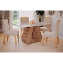 Conjunto: Mesa de Cozinha Ágata Tampo Madeirado c/ Vidro 130x80cm e 4 Cadeiras Clarice Cinamomo/Off White - Carvalho/Linho Bege - Cimol
