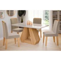 Conjunto: Mesa de Cozinha Ágata Tampo Madeirado c/ Vidro 130x80cm e 4 Cadeiras Clarice Madeirado/ Linho Bege - Cimol Conjunto: Mesa de Cozinha Ágata Tampo Madeirado c/ Vidro 130x80cm e 4 Cadeiras Clarice Madeirado/ Linho Bege - Cimol