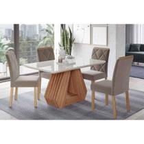 Conjunto: Mesa de Cozinha Ágata Tampo Madeirado c/ Vidro 130x80cm e 4 Cadeiras Fernanda Cinamomo/Off White - Carvalho/Suede Joli Capuccino - Cimol