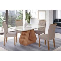 Conjunto: Mesa de Cozinha Ágata Tampo Madeirado c/ Vidro 130x80cm e 4 Cadeiras Fernanda Cinamomo/Off White - Carvalho/Suede Nude Bege - Cimol