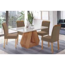 Conjunto: Mesa de Cozinha Ágata Tampo Madeirado c/ Vidro 130x80cm e 4 Cadeiras Juliana Cinamomo/Off White - Carvalho/Suede Joli Capuccino - Cimol
