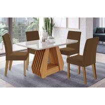 Conjunto: Mesa de Cozinha Ágata Tampo Madeirado c/ Vidro 130x80cm e 4 Cadeiras Maia Cinamomo/Off White - Nature/Suede Mascavo Chocolate - Cimol Conjunto: Mesa de Cozinha Ágata Tampo Madeirado c/ Vidro 130x80cm e 4 Cadeiras Maia Cinamomo/Off White - Nature/Suede Mascavo Chocolate - Cimol