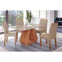 Conjunto: Mesa de Cozinha Ágata Tampo Madeirado c/ Vidro 130x80cm e 4 Cadeiras Paola Cinamomo/Off White - Carvalho/Linho Bege - Cimol Conjunto: Mesa de Cozinha Ágata Tampo Madeirado c/ Vidro 130x80cm e 4 Cadeiras Paola Cinamomo/Off White - Carvalho/Linho Bege - Cimol