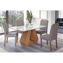 Conjunto: Mesa de Cozinha Ágata Tampo Madeirado c/ Vidro 130x80cm e 4 Cadeiras Paola Cinamomo/Off White - Carvalho/Linho Grafite - Cimol