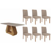 Conjunto: Mesa de Cozinha Ágata Tampo Madeirado c/ Vidro 180x90cm e 6 Cadeiras Clarice Nature/Off White - Carvalho/Linho Bege - Cimol Conjunto: Mesa de Cozinha Ágata Tampo Madeirado c/ Vidro 180x90cm e 6 Cadeiras Clarice Nature/Off White - Carvalho/Linho Bege - Cimol