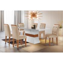 Conjunto: Mesa de Cozinha Ágata Tampo Madeirado c/ Vidro Canto Reto 120x80cm e 4 Cadeiras Imperatriz Capuccino/Suede Creme - Rufato