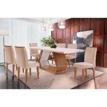 Conjunto: Mesa de Cozinha Alvorada c/ Tampo Madeirado Canto Reto 180x90cm e 6 Cadeiras Amsterdã Imbuia/Off White - Suede Creme - Rufato