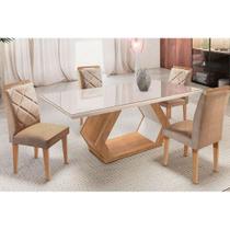 Conjunto: Mesa de Cozinha Alvorada Tampo Madeirado c/ Vidro Canto Reto 180x90cm e 4 Cadeiras Melissa Imbuia/Suede Capuccino - Rufato Conjunto: Mesa de Cozinha Alvorada Tampo Madeirado c/ Vidro Canto Reto 180x90cm e 4 Cadeiras Melissa Imbuia/Suede Capuccino - Rufato