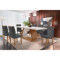 Conjunto: Mesa de Cozinha Alvorada Tampo Madeirado c/ Vidro Canto Reto 180x90cm e 6 Cadeiras Amsterdã Imbuia/Off White - Linho Grafite - Rufato