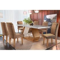 Conjunto: Mesa de Cozinha Alvorada Tampo Madeirado c/ Vidro Canto Reto 180x90cm e 6 Cadeiras Athenas Imbuia/Suede Capuccino - Rufato